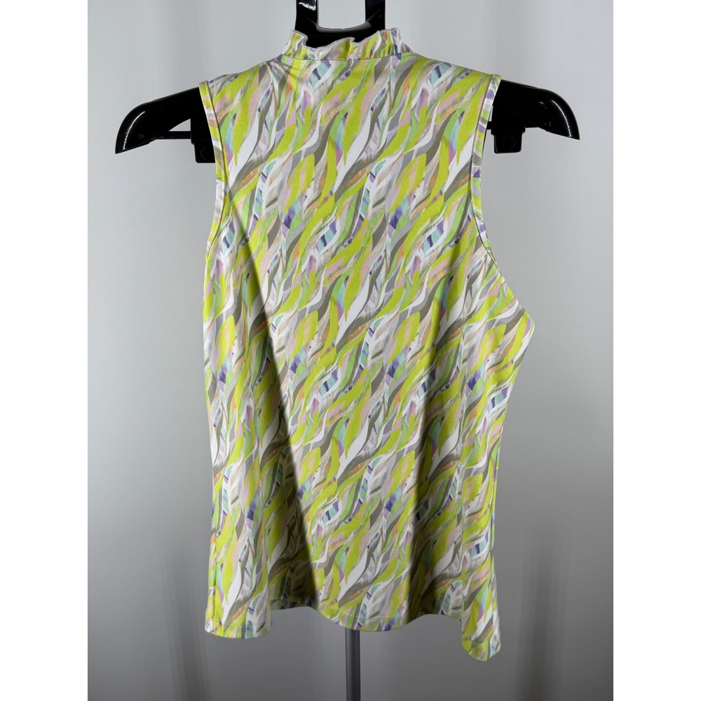 SwingDish Womens Sleeveless Golf Polo Top Ruffle V-Neck Lime Green Abstract S - Picture 3 of 7